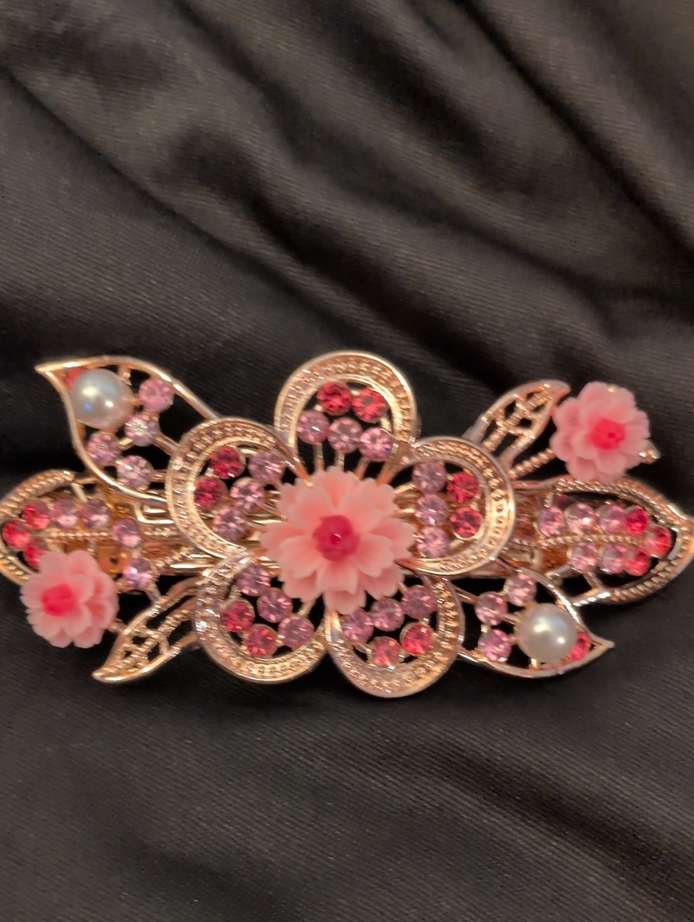 Floral Pink Crystal Barrette Hair Clip
